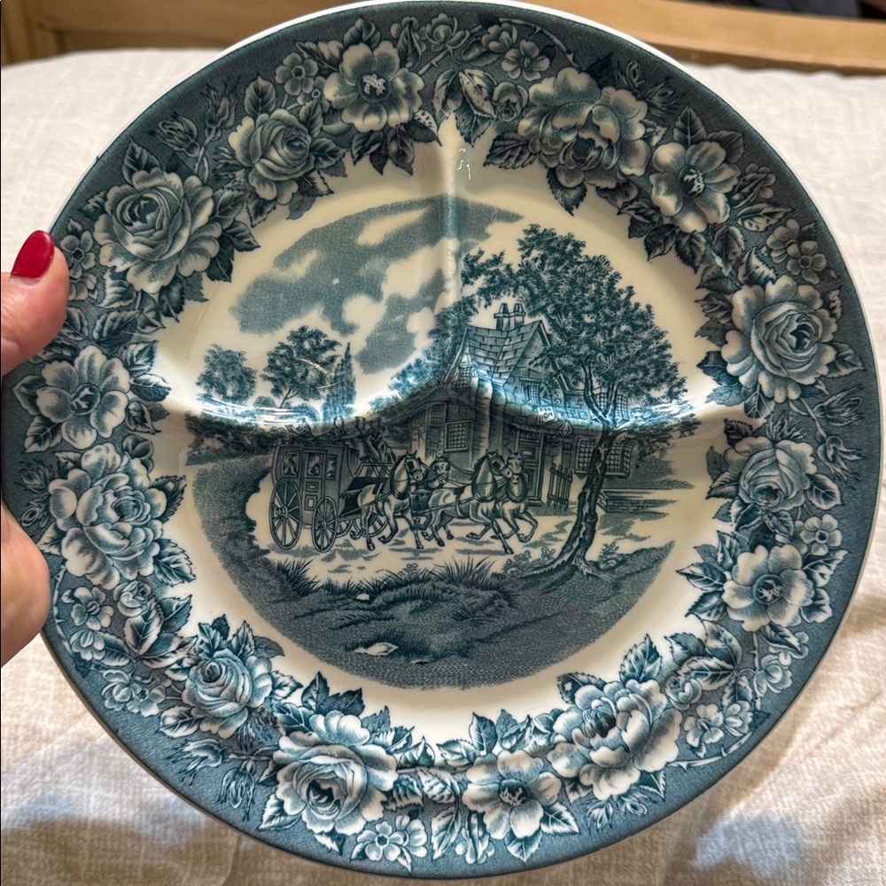 Vintage Shenango Roselyn Castle Blue Scenic Divided Grill Dinner Plate